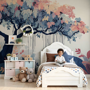 Tropical tree mural wallpaper creating jungle paradise in modern kids nursery by Kids-Mundo
