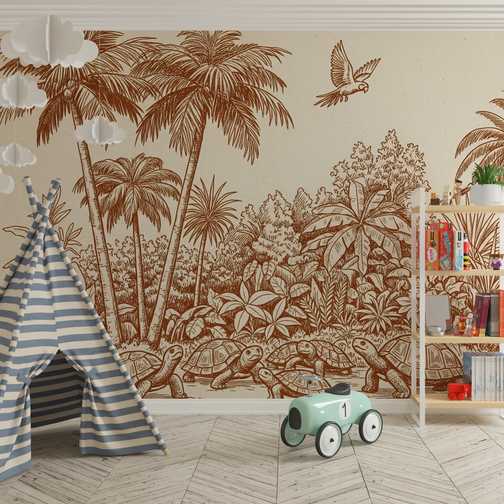 Kids bedroom featuring tropical turtles mural wallpaper with palm trees and jungle plants