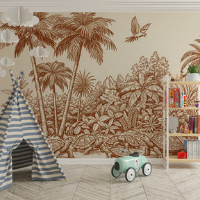 Kids bedroom featuring tropical turtles mural wallpaper with palm trees and jungle plants