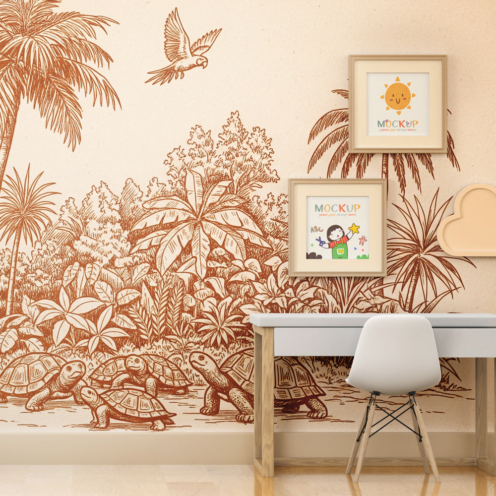 Tropical jungle turtle wallpaper creating nature-themed playroom environment for children