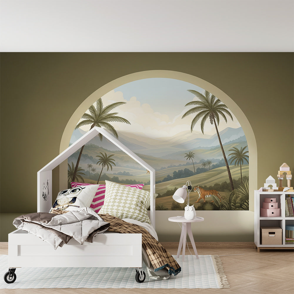 Kids-Mundo tiger valley arch mural styled in a calm, nature-inspired kids bedroom