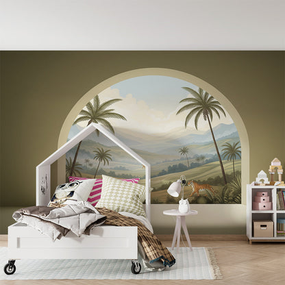 Kids-Mundo tiger valley arch mural styled in a calm, nature-inspired kids bedroom