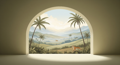 Kids-Mundo flat artwork of an arched tropical valley scene with palms and a roaming tiger