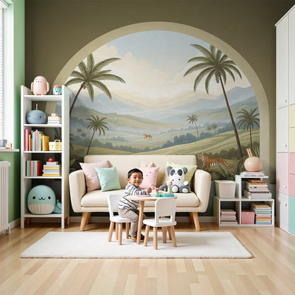 Kids-Mundo tropical valley tiger arch wall mural in a warm, earthy-toned nursery