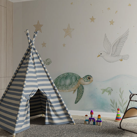 Kids-Mundo watercolour turtle wall mural with dove and gold stars in a calm kids bedroom