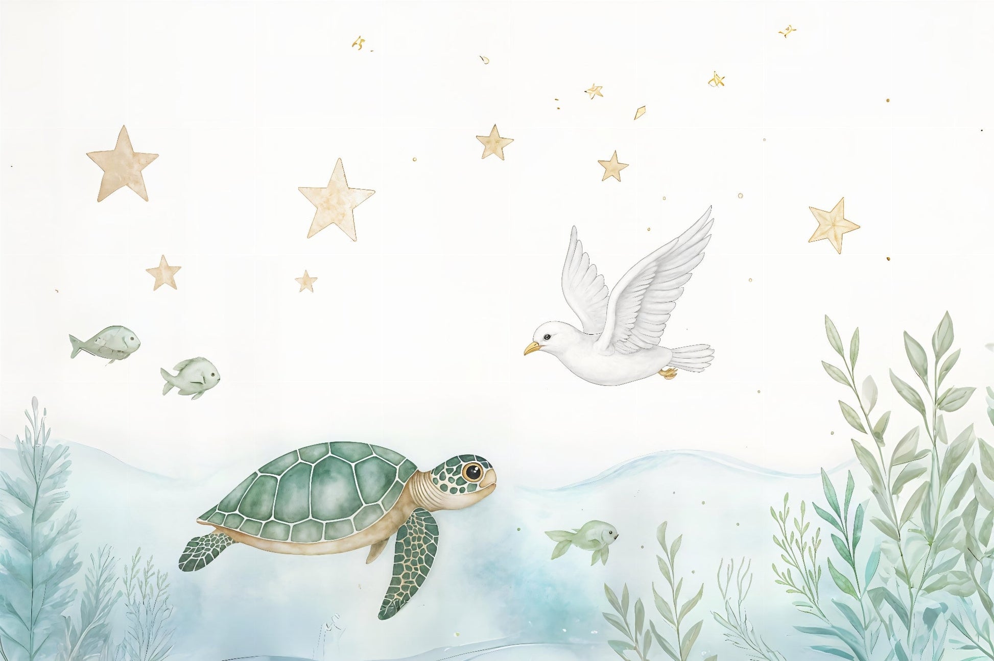 Kids-Mundo flat artwork preview of the turtle, dove and starry sky watercolour wall mural