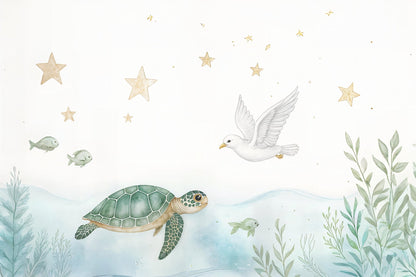 Kids-Mundo flat artwork preview of the turtle, dove and starry sky watercolour wall mural