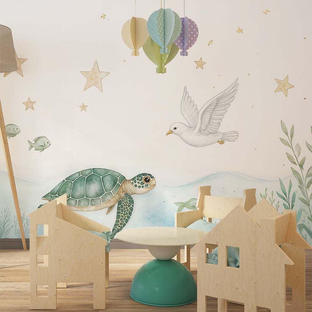 Kids-Mundo turtle, dove and starry sky wall mural styled in a bright children's playroom