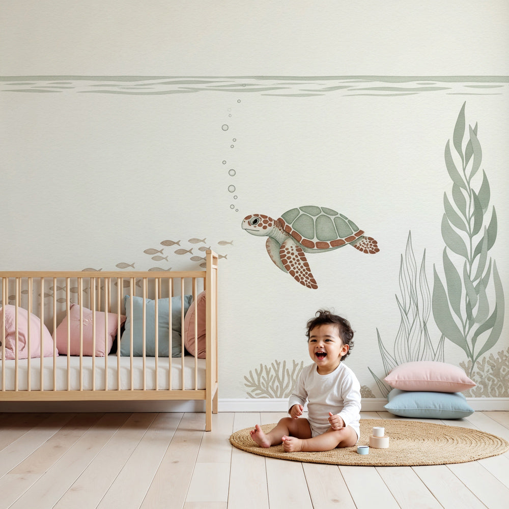 Kids-Mundo sea turtle and fish trail wall mural in a soft cream nursery