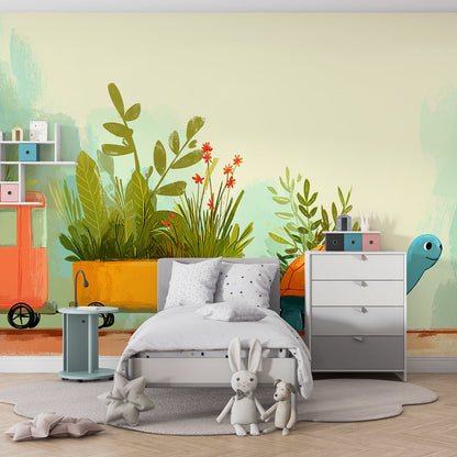 Kids-Mundo turtle and flower wagon wall mural covering a feature wall in a child's bedroom.