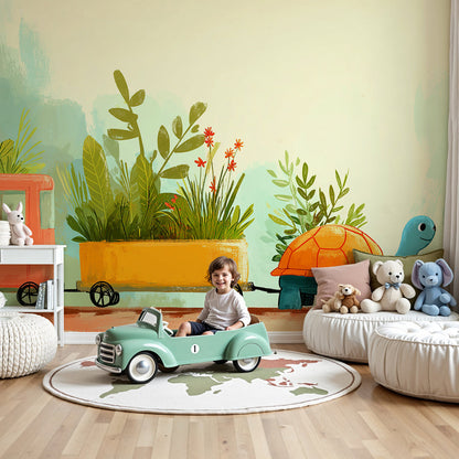 Kids-Mundo turtle and flower wagon wall mural styled behind a cot in a warm, gentle nursery.