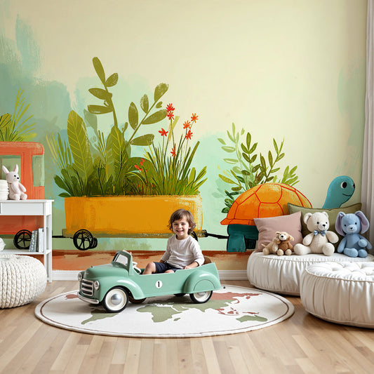 Kids-Mundo turtle and flower wagon wall mural styled behind a cot in a warm, gentle nursery.