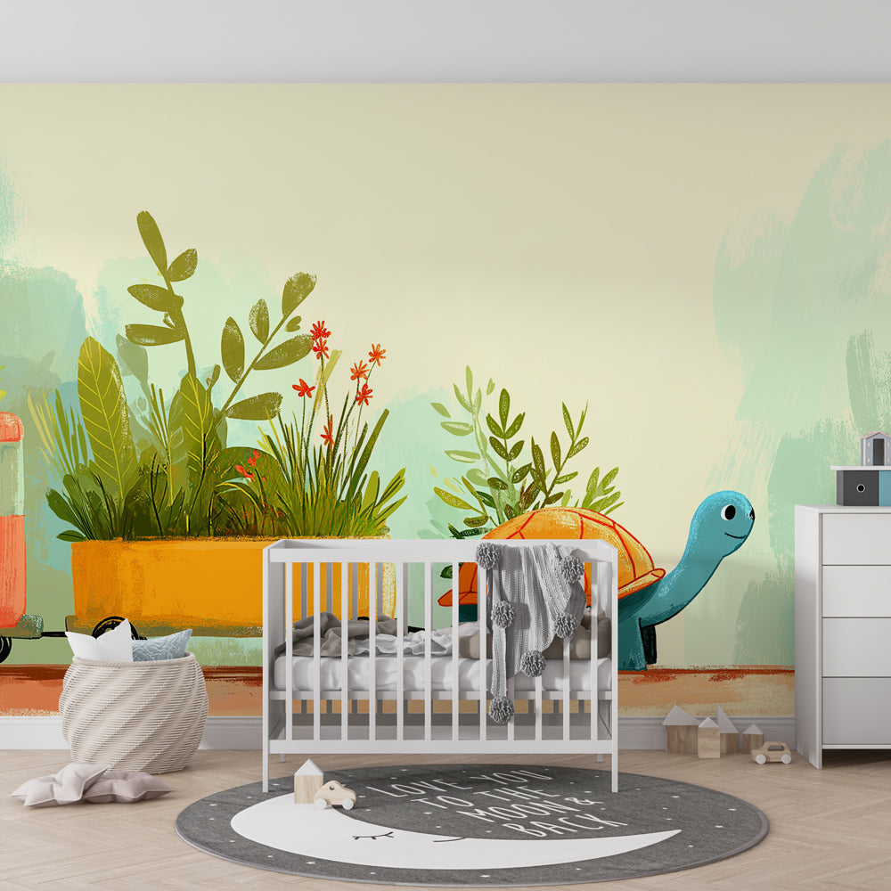 Nature-themed turtle wallpaper transforming kids playroom with vibrant green plants and colorful design