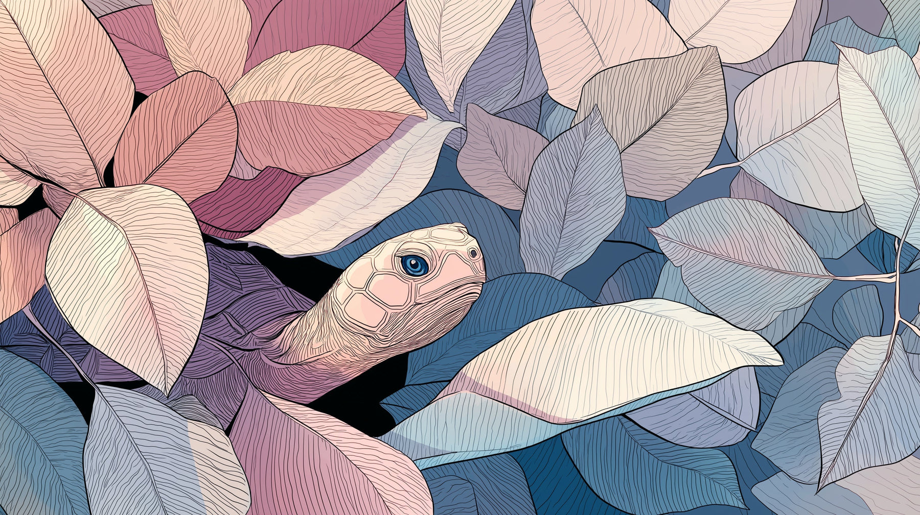 Detailed turtle and colorful leaves mural wallpaper design pattern by Kids-Mundo
