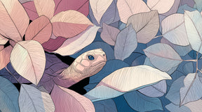 Detailed turtle and colorful leaves mural wallpaper design pattern by Kids-Mundo