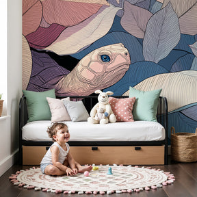 Turtle mural wallpaper with colorful leaves creating peaceful nursery decor by Kids-Mundo
