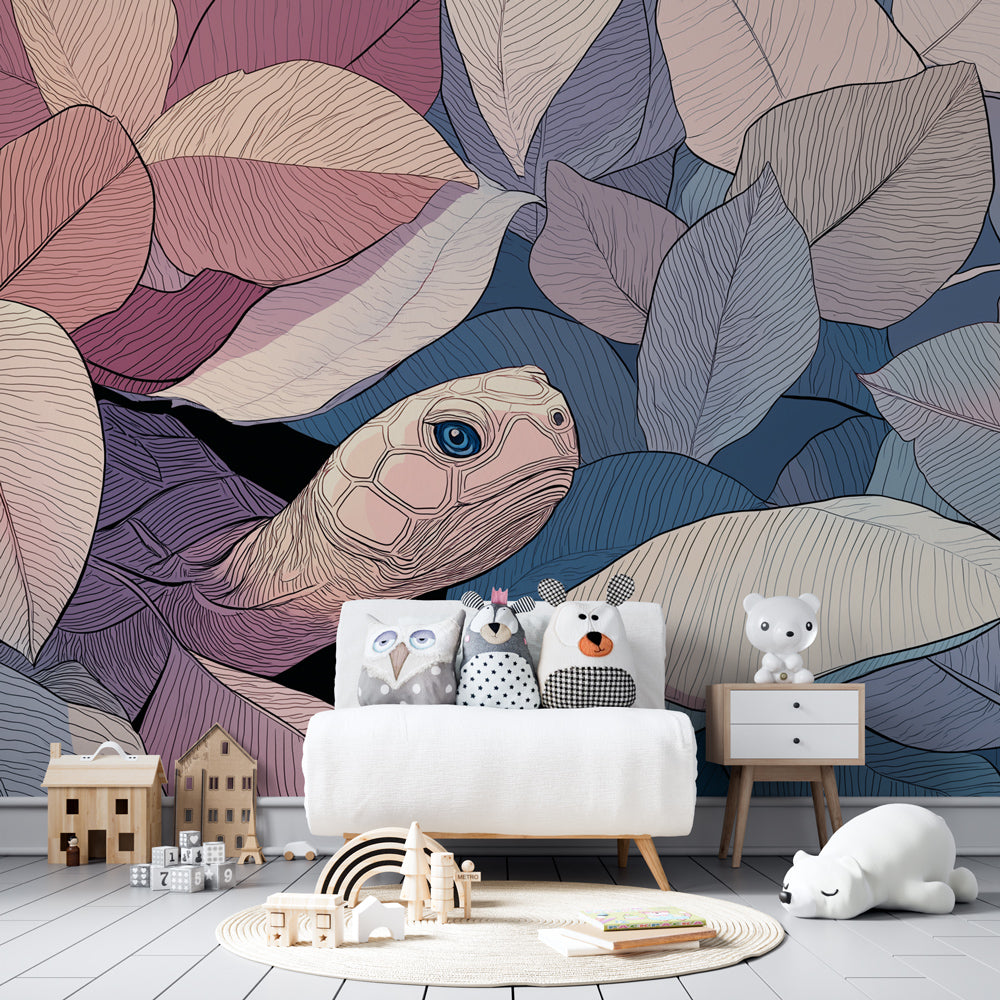 Gentle turtle wallpaper in soft pastels transforming modern kids bedroom interior