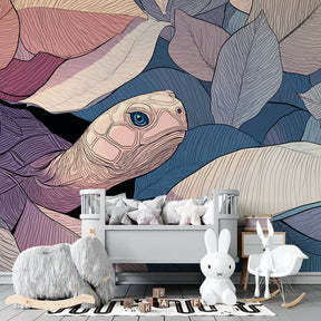 Nature-themed turtle mural wallpaper creating calming atmosphere in children's playroom