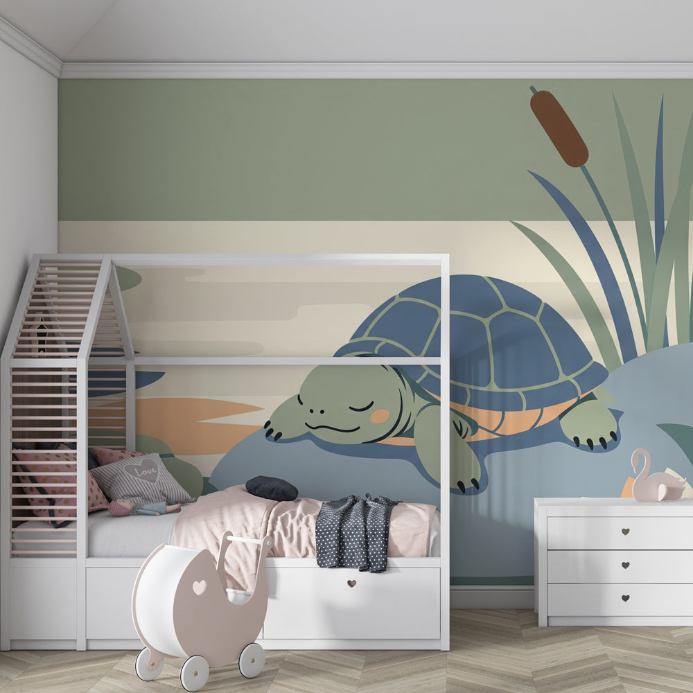 Calming turtle and water lily wallpaper creating serene atmosphere in kids bedroom