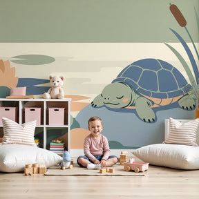 Peaceful turtle pond mural wallpaper in modern nursery with natural wood crib by Kids-Mundo