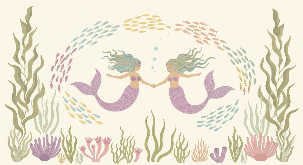 Kids-Mundo flat artwork of twin mermaids holding hands inside a ring of colourful fish