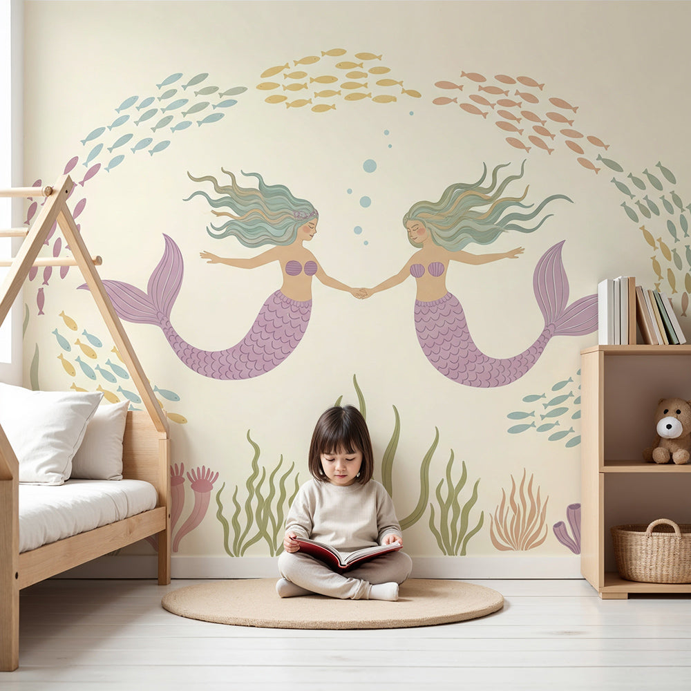 Kids-Mundo mermaid wall mural in a cream nursery behind a cot with swirling fish shoals
