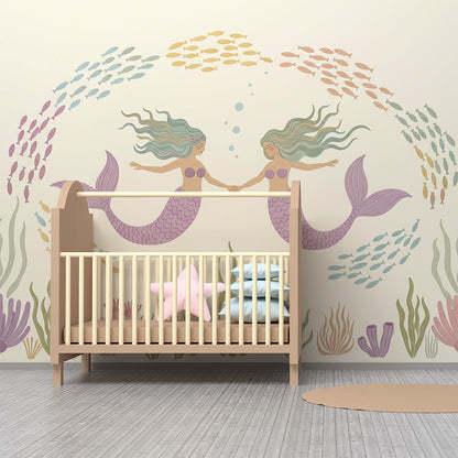 Kids-Mundo mermaid wall mural filling a playroom wall with two lilac-tailed mermaids
