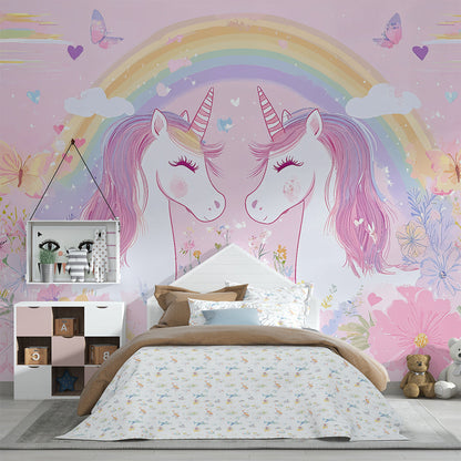 Kids-Mundo unicorn and rainbow wall mural styled in a pink girls bedroom