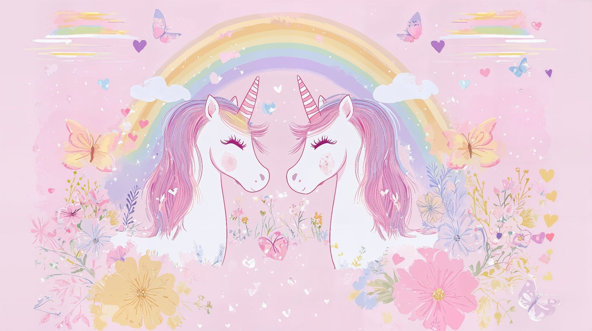 Kids-Mundo flat artwork preview of the twin unicorn and rainbow wall mural design