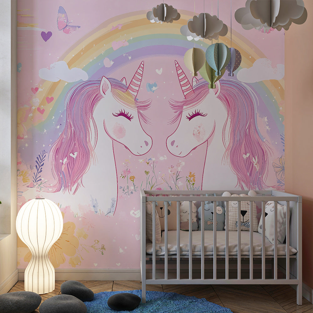 Kids-Mundo twin unicorns wall mural bringing magic and colour to a playroom