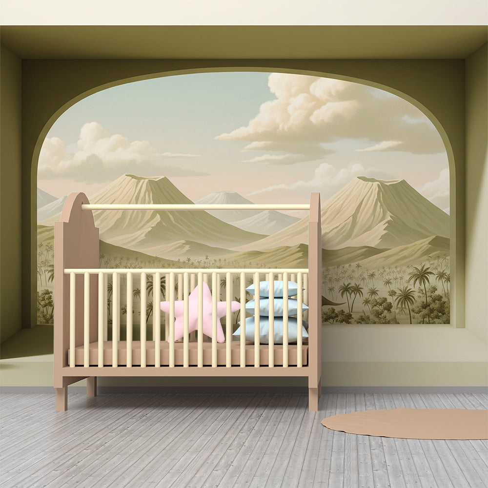 Kids-Mundo desert dinosaur wall mural featured on a quiet kids bedroom wall