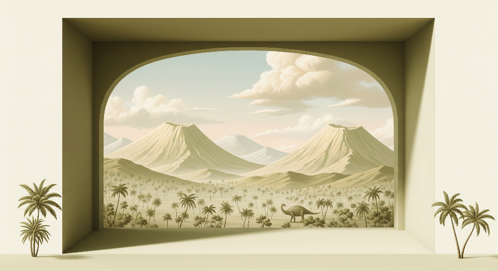 Kids-Mundo flat artwork of a desert with twin volcanoes seen through an arched alcove