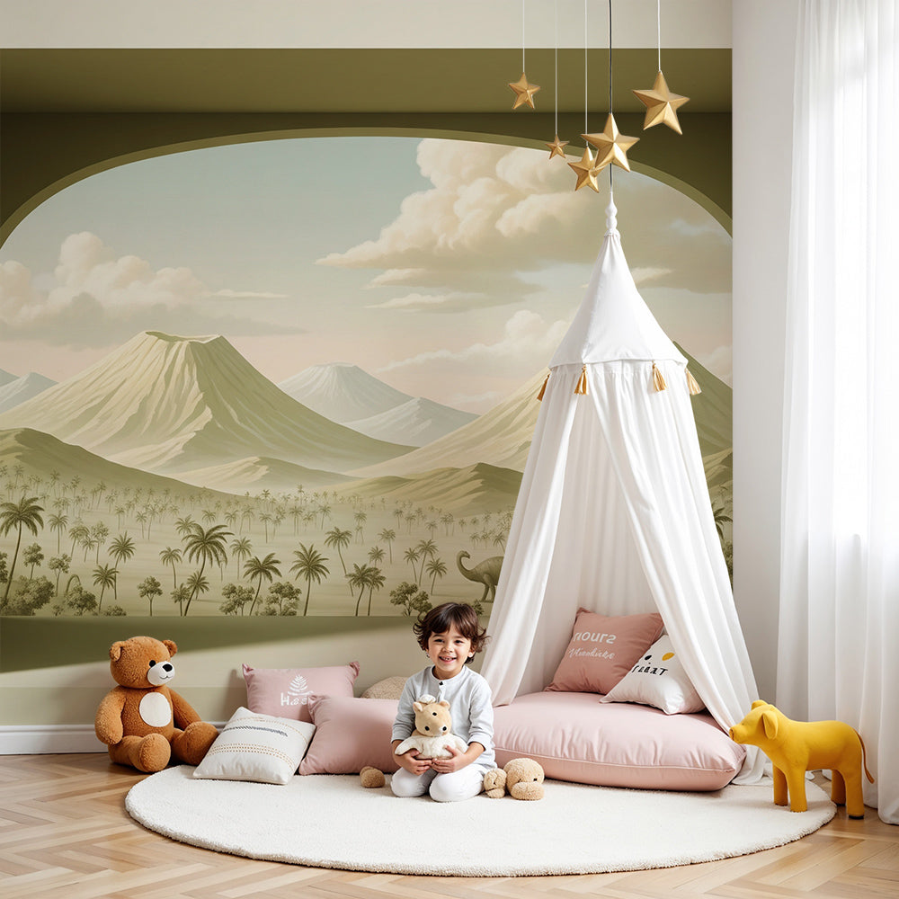 Kids-Mundo twin-volcano desert wall mural styled in a calm, muted nursery