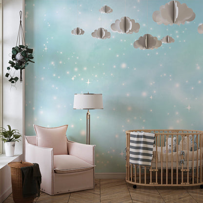 Kids-Mundo celestial star wall mural bringing a soft, dreamy glow to a playroom