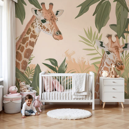 Kids-Mundo giraffe wall mural showing two giraffes peeking through leaves in a soft nursery