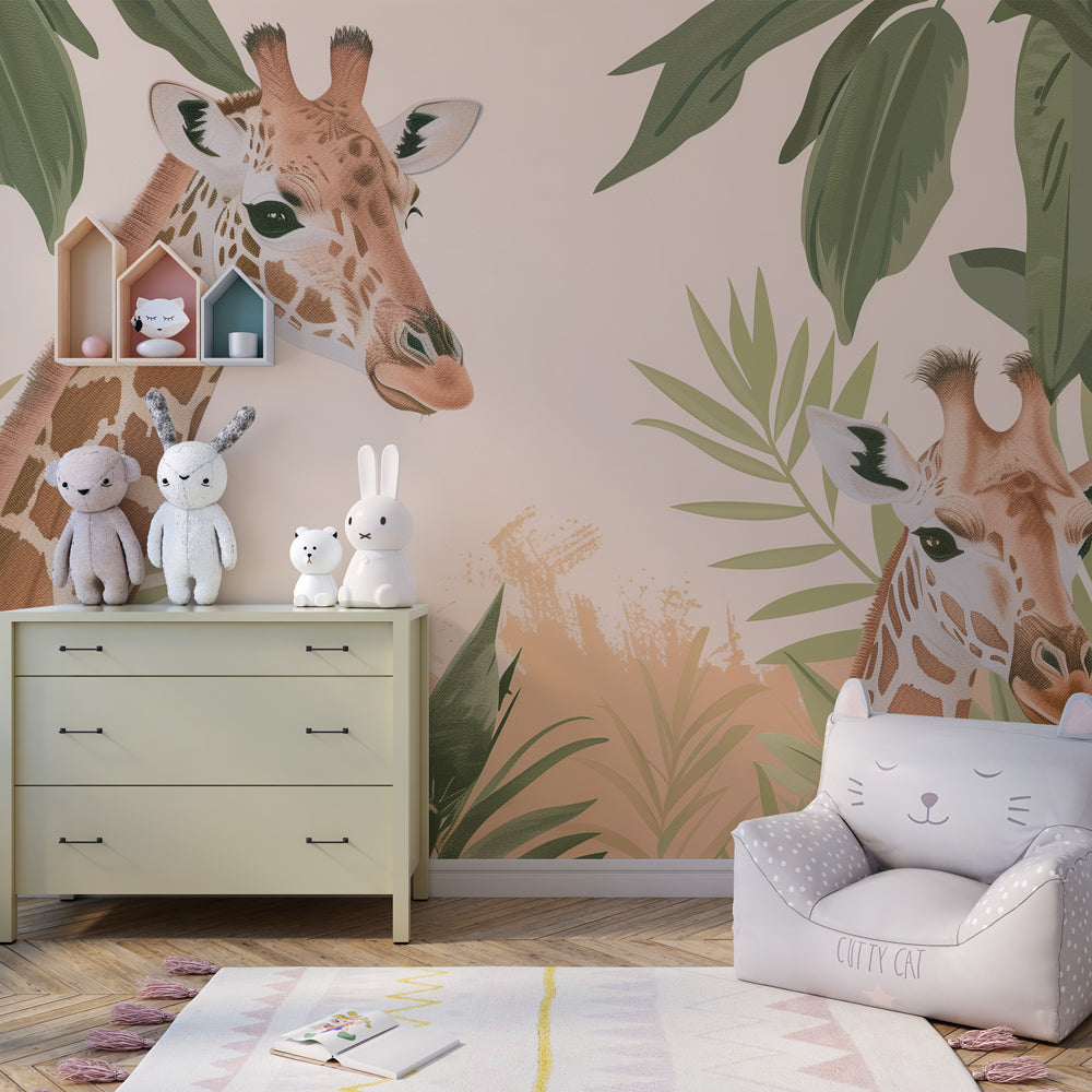 Kids-Mundo giraffe and leaf wall mural adding a jungle peekaboo scene to a playroom