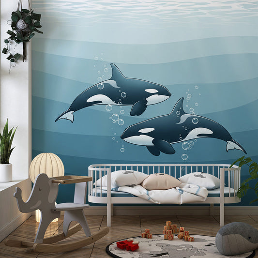 Kids-Mundo two orcas swimming mural covering a feature wall in a child's bedroom