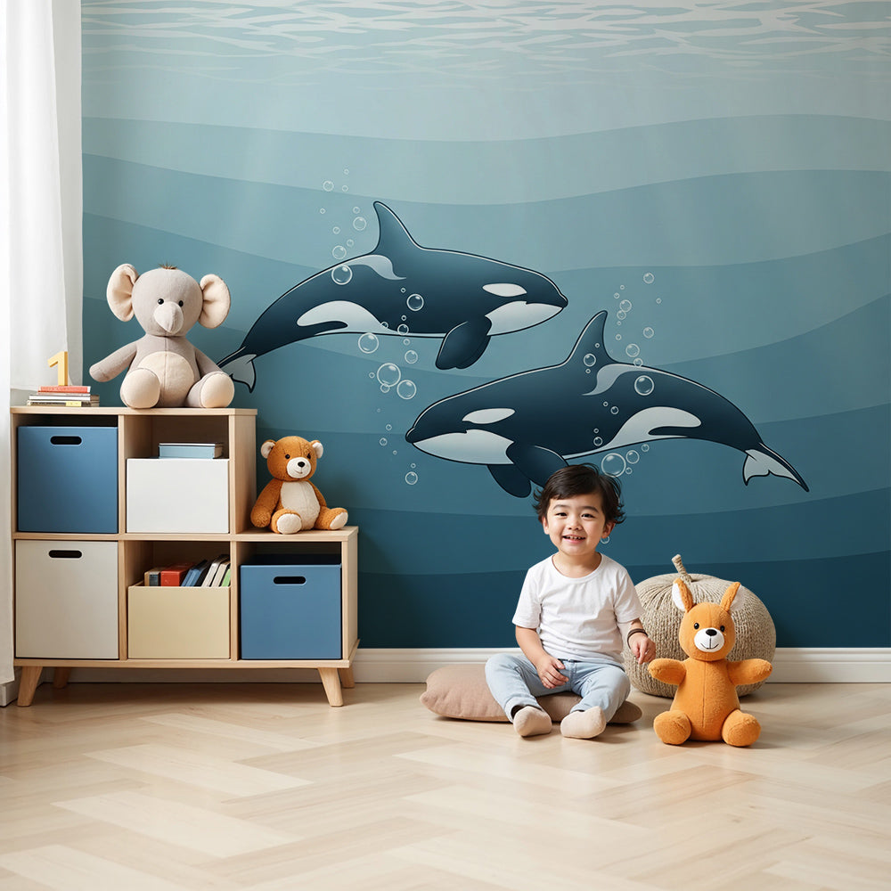 Kids-Mundo two orcas deep blue wall mural styled behind a cot in a calm ocean nursery