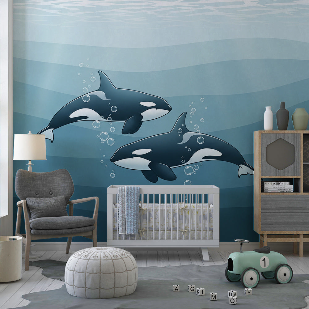 Kids-Mundo two orcas deep blue wall mural bringing a calm underwater scene to a playroom