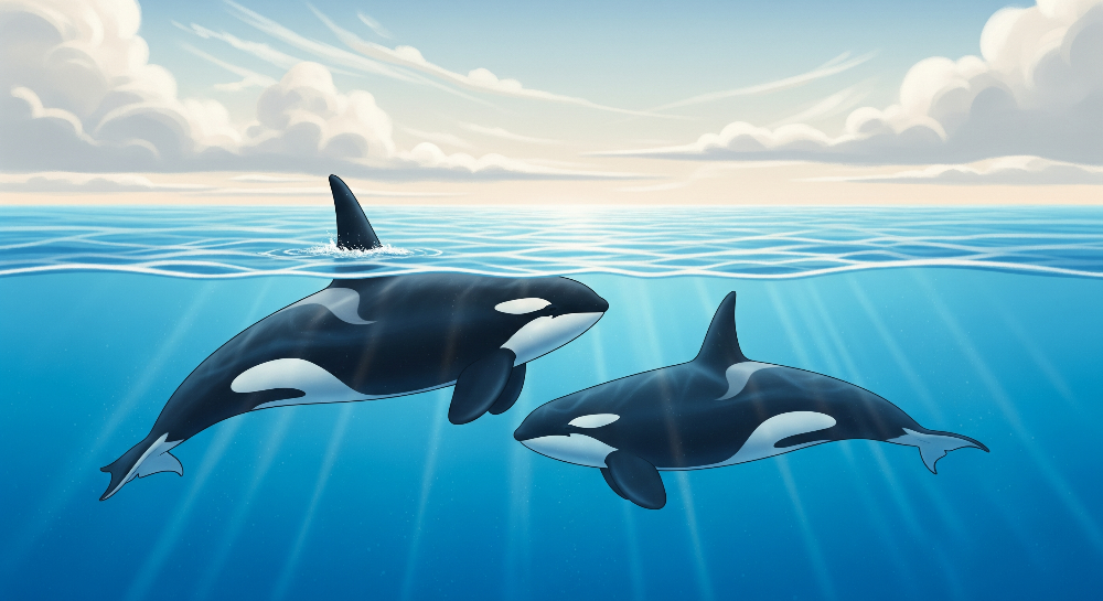 Kids-Mundo flat artwork of two orcas swimming at the ocean surface beneath a bright blue sky