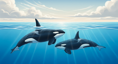 Kids-Mundo flat artwork of two orcas swimming at the ocean surface beneath a bright blue sky