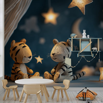 Kids-Mundo two-tiger starry sky wall mural in a cosy child's bedroom setting