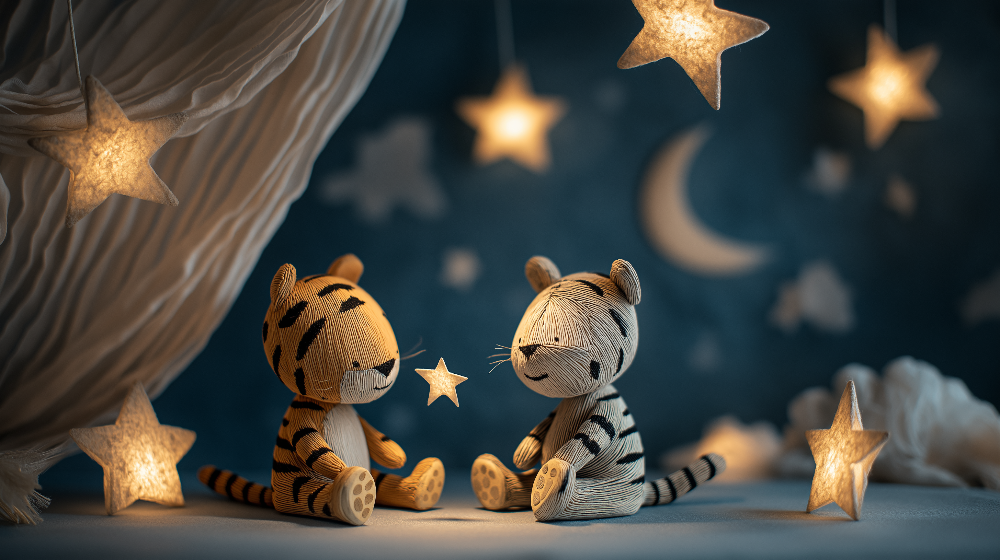 Kids-Mundo flat artwork of two knitted tiger toys under a starry night sky with moon and clouds
