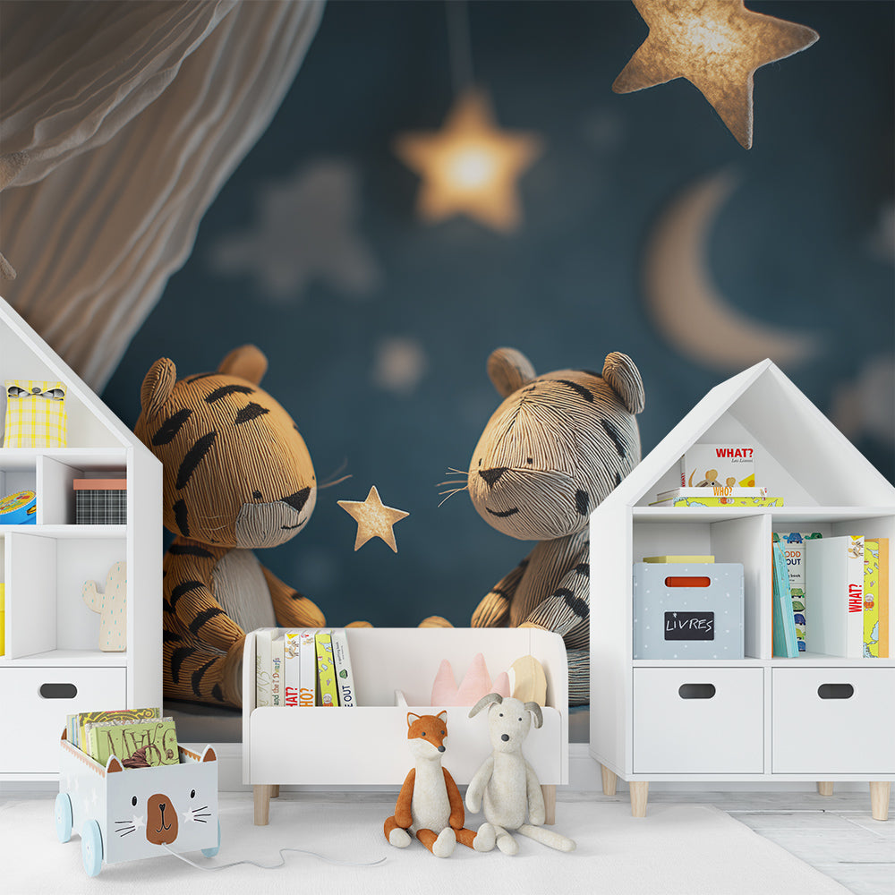 Kids-Mundo starry tiger mural on a playroom wall with glowing star lights