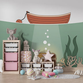 Ocean themed mural wallpaper creating marine adventure atmosphere in children's bedroom