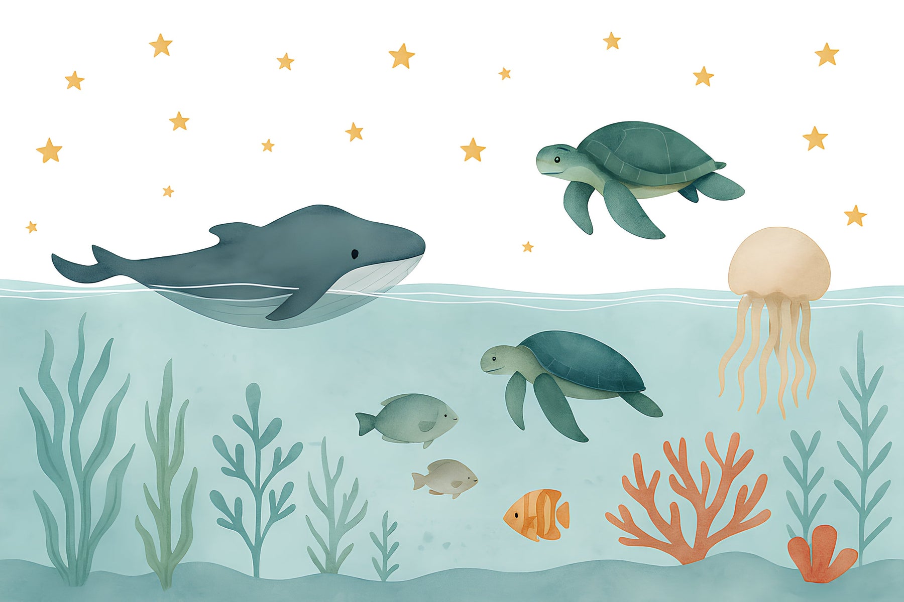 Detailed underwater adventure mural wallpaper design pattern with whale and ocean creatures by Kids-Mundo