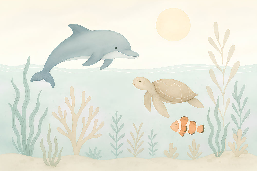Detailed underwater adventure mural wallpaper design pattern with dolphins and sea turtles by Kids-Mundo