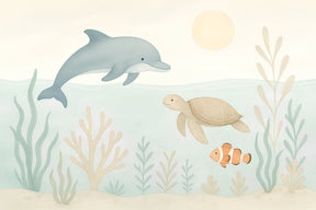 Detailed underwater adventure mural wallpaper design pattern with dolphins and sea turtles by Kids-Mundo
