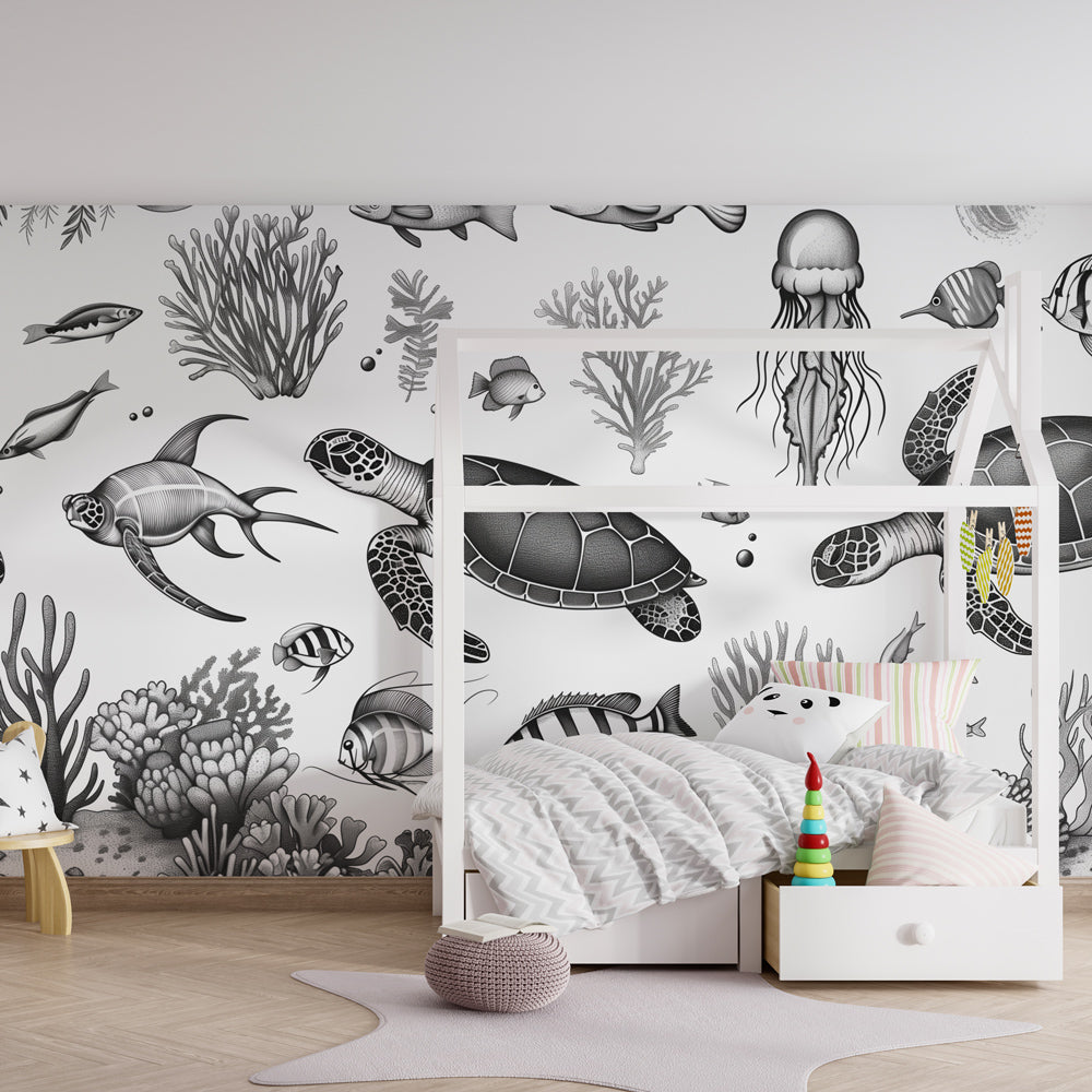 Sophisticated black white underwater wallpaper for children's room by Kids-Mundo