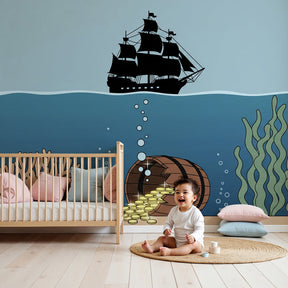 Underwater adventure mural wallpaper with pirate ship in modern nursery by Kids-Mundo